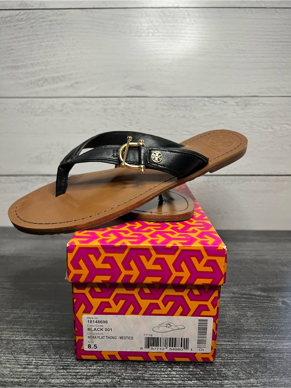 Tory Burch Black Leather Nora Thong Sandal with Gold Logo